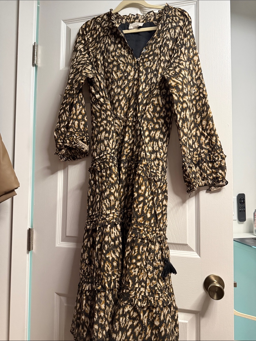 Printed Long Sleeve Tiered Maxi Dress - Brown Pattern